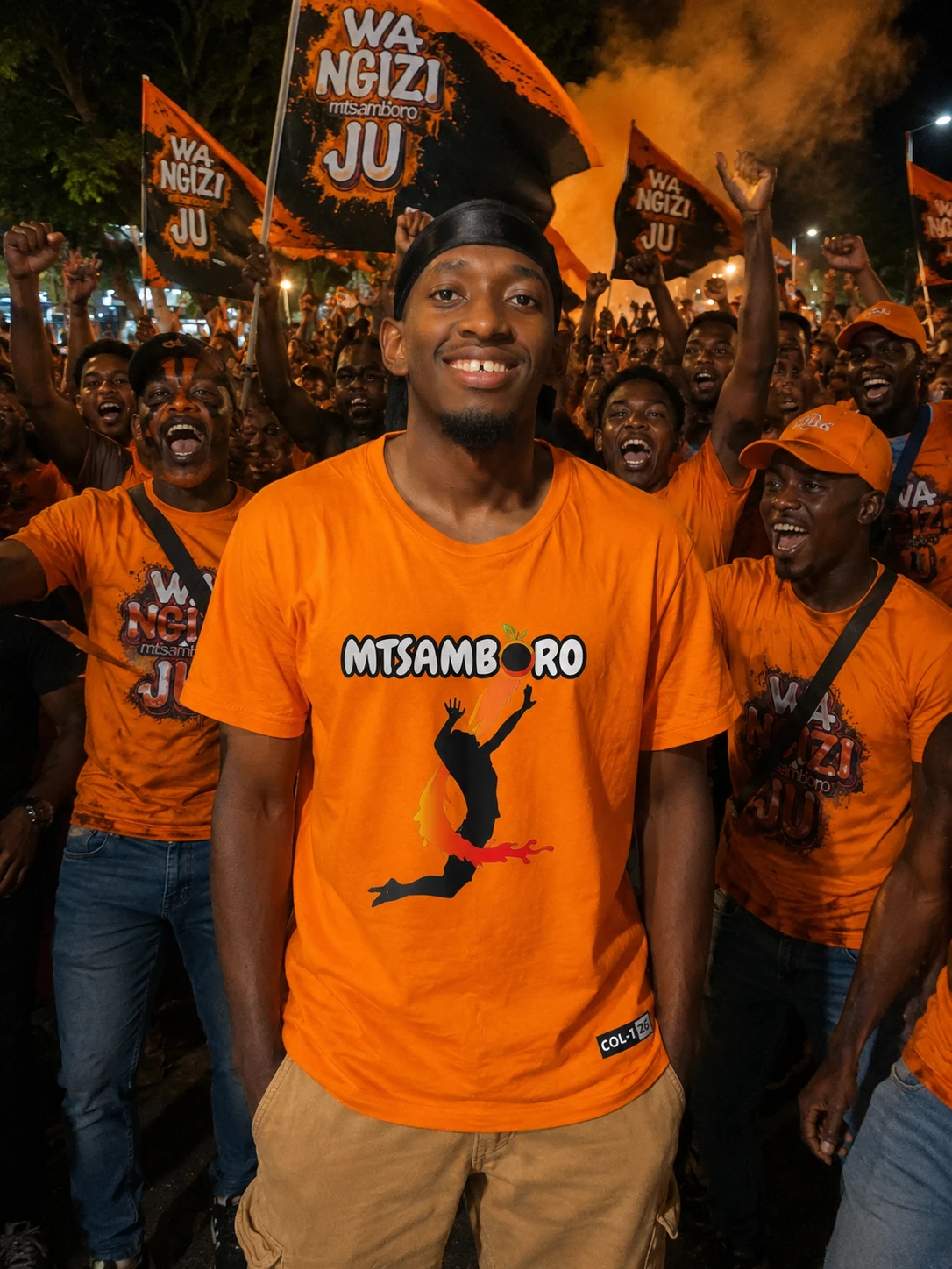 Supporter en t-shirt orange Mtsamboro devant la foule